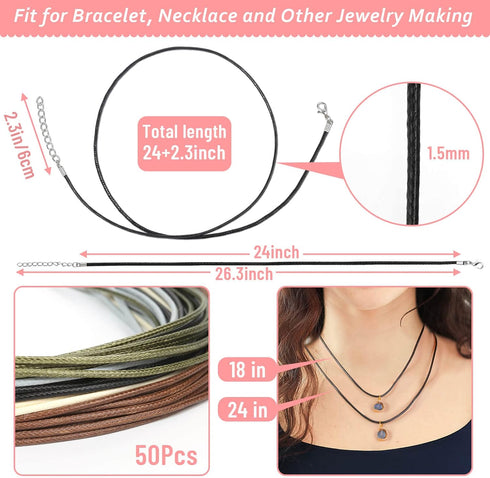 Necklace Cord, Paxcoo 50Pcs Necklace String Rope with Clasp, 24 Inch Waxed Cotton Cord Necklace Bulk for Charms Pendants, Bracelets, Necklaces, Je...