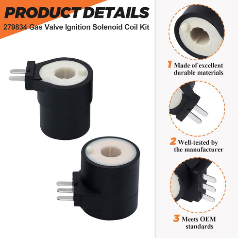 Upgrade 279834 Dryer Gas Valve Ignition Solenoid Coil Kit by Beaquicy - Replacement Ken-more Whirl-pool Dryers - Replaces AP3094251 PS334310 306105 306106 694540 694539 12001349