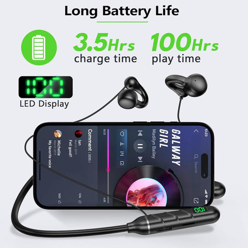 kurdene Open Ear & Neckband Bluetooth Headphones,100H Extra Long Playtime Stereo Wireless Neckband Earbuds with Mic Noise Cancelling,TF Card Socke...