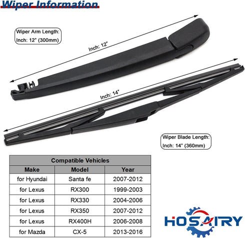 Rear Wiper Arm Blade Set for Hyundai Santa Fe 2007-2012 2.4L 2.7L, for Hyundai Accent Hatchback 2006-2012 Rear Windshield Wiper Arm Blade Assembly...
