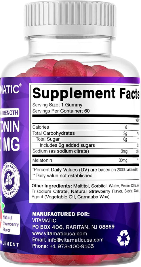 Vitamatic Sugar Free Melatonin 30mg per gummy - 60 Servings - 60 Vegetarian Gummies - Non-Habit Forming Supplement (1 Bottle)...