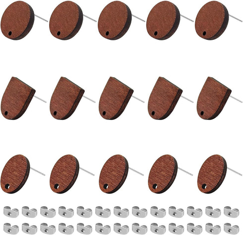 Oubaka 60pcs Wooden Earring Studs for Jewelry Making,Wooden Stud Earrings Wood Earring Posts Earring Pin Stud Bulk with 100pcs Earring Backs for D...