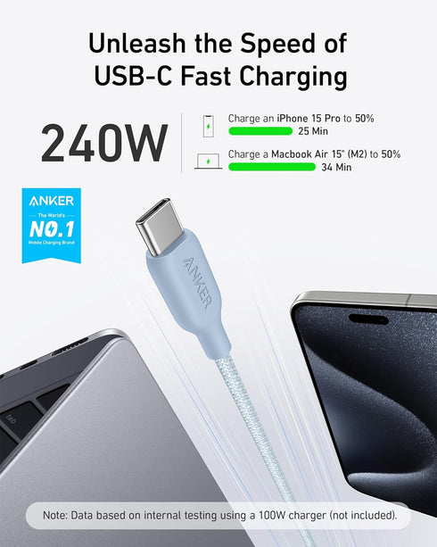 Anker USB C to USB C Cable (240W, 10ft), Bio-Braided USB C Charger Cable Fast Charge for iPhone 15/15 Pro, MacBook Pro 2020, iPad Pro 2020, iPad A...