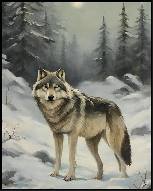 Posterizer 1 pcs-gray wolf in snowy wintery nature-oil painting style -10-Art for Animal Lovers-Landscape & Nature Art-Decor for Home & Office- un...