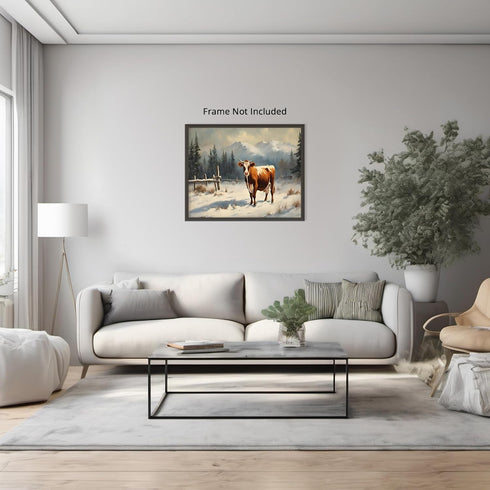 Posterizer 1 pcs-cute cow in snowy winter scene-oil painting style-1-Art for Animal Lovers-Landscape & Nature Art-Decor for Home & Office- unframe...