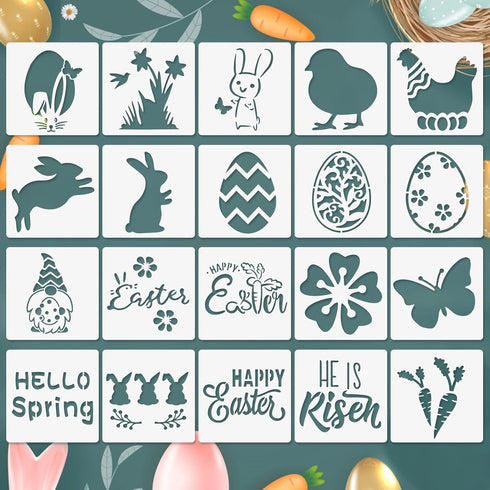Easter Stencils for Painting on Wood Slice, 20 Pcs Reusable Stencil Set Including Bunny Eggs Happy Easter for Easter Party Decorations, Easter Gif...