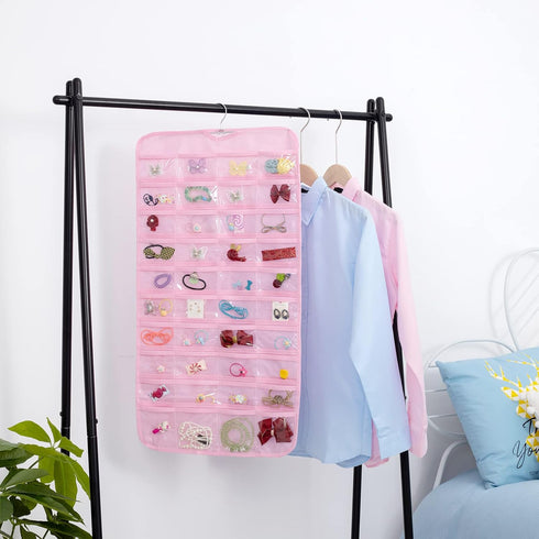 1-Pack Hanging Jewelry Organizer 80-Pocket Dual-sided Jewelry Storage for Jewelry Earring Necklace Bracelet Ring Storage Travel Holder, Pink...