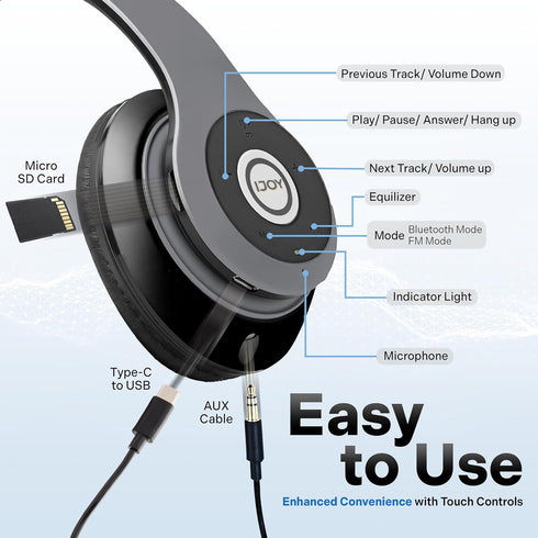 iJoy Bluetooth Headphones Over Ear, Wireless and Wired Foldable Headset Built-in Microphone, FM, Micro SD Card Slot - (Stealth) Adults Kids Men Wo...
