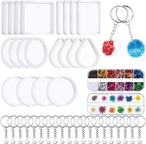WILLBOND Silicone Resin Keychain Mold Set, Jewelry Pendant Casting Mold DIY Epoxy Keychain Mold with Keychain Rings, Dried Flower and Round Sequin...