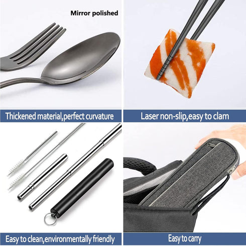 Hommaly Portable Travel Reusable Utensils Silverware with Case,Travel Camping Cutlery set,Chopsticks and Straw Flatware, Stainless steel Utensil s...