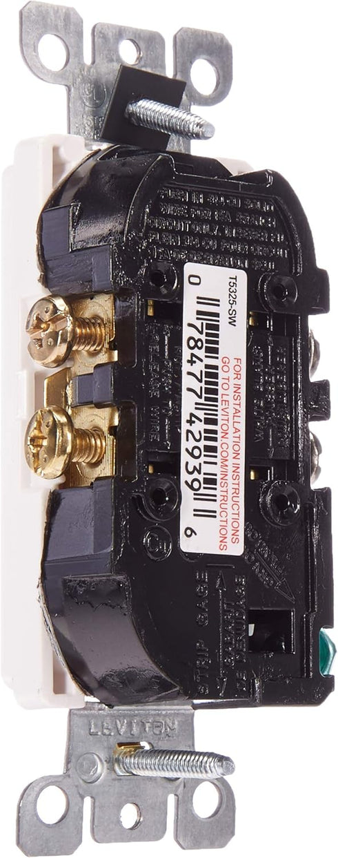 Leviton T5325-SW 15 Amp NEMA 5-15R 2 Pole 3-Wire Tamper Resistant Decora Duplex Receptacle, Self Grounding, White......
