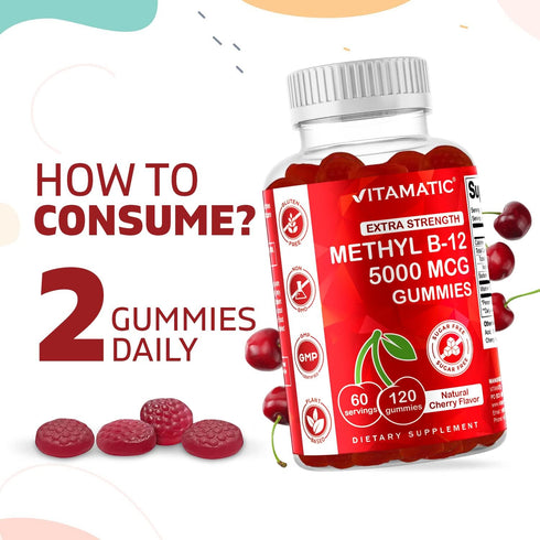Vitamatic Extra Strength Vitamin B12 5000 mcg (Methyl B12) Gummies - 120 Count - Natural Cherry Flavored...