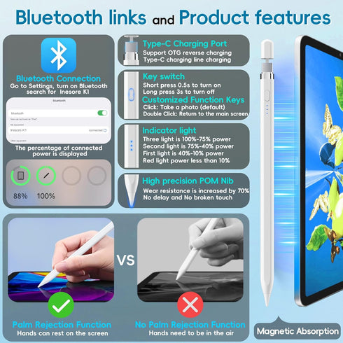 for Apple Pencil 1st Generation, Stylus Pen for iPad, Apple Pen USB-C Port Support Reverse Charging.Magnetic,Tilt & Palm Rejection.Suitable for iP...
