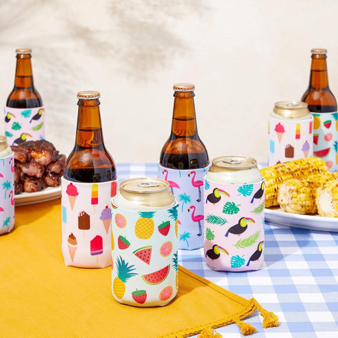 BLUE PANDA Neoprene Can Cooler Sleeves Summer Gift for Teacher - 12-Pack 4 Tropical Designs 2.5 x 4 In Fits 12 Oz - Insulating Summer Drink Cozy -...