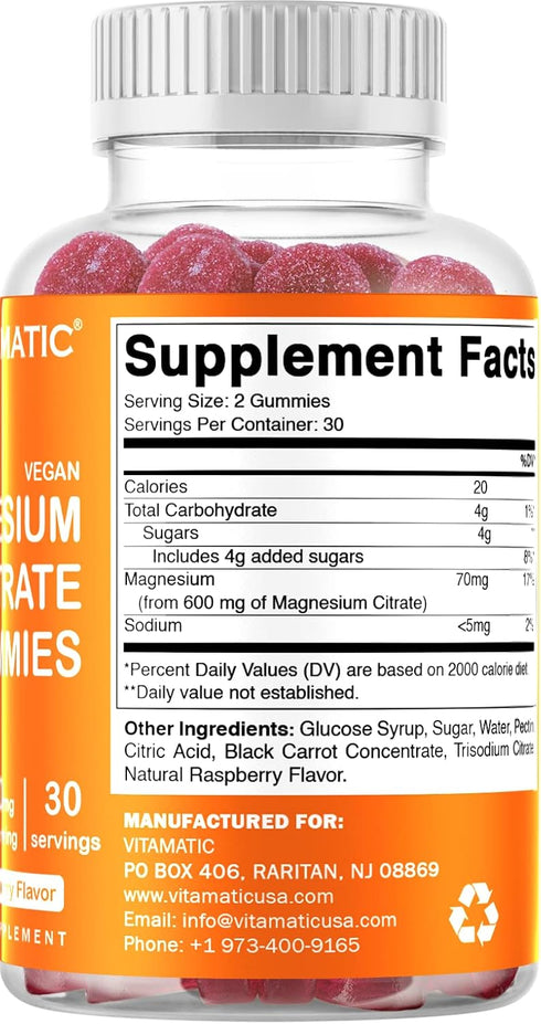 Vitamatic Magnesium Citrate Gummies 600mg per Serving - 60 Vegan Gummies - Promotes Healthy Relaxation, Muscle, Bone, & Energy Support (60 Gummies...