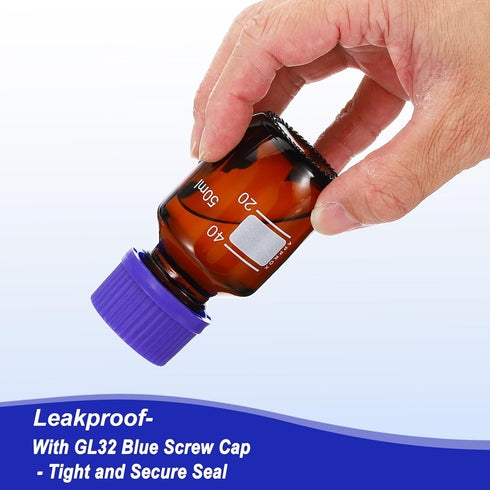 PATIKIL 4 Pack Reagent Media Storage Bottles, 50ml Borosilicate Glass Graduated Round Bottles with GL45 Blue Screw Cap for Lab Water Reagent Liqui...