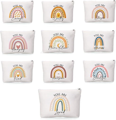 10 pcs Rainbow Canvas Makeup Bag Set - Inspirational Thank You Gifts with Zipper You Are Worthy Loved Beautiful Kind Inspirational Gifts for Women...