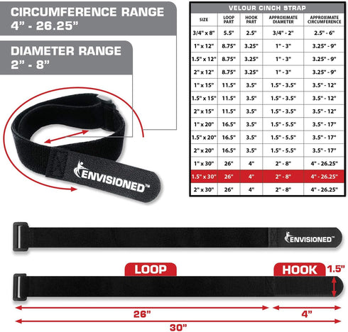 Velour Cinch Straps 1.5" x 30" - 6 Pack, Soft Touch Microfiber Reusable Hook and Loop...