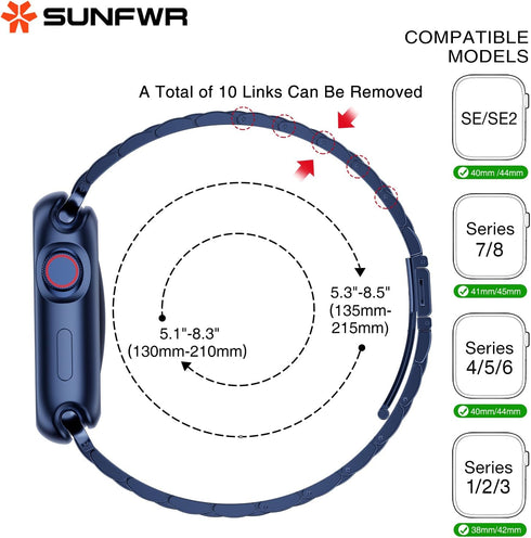 SUNFWR Stainless Steel Watch Band, DarkBlue 42mm/44mm/45mm for Apple Watch Series 9/8/7/6/5/4/3/2/1/SE/SE2, Adjustable Metal iWatch Band with Case...