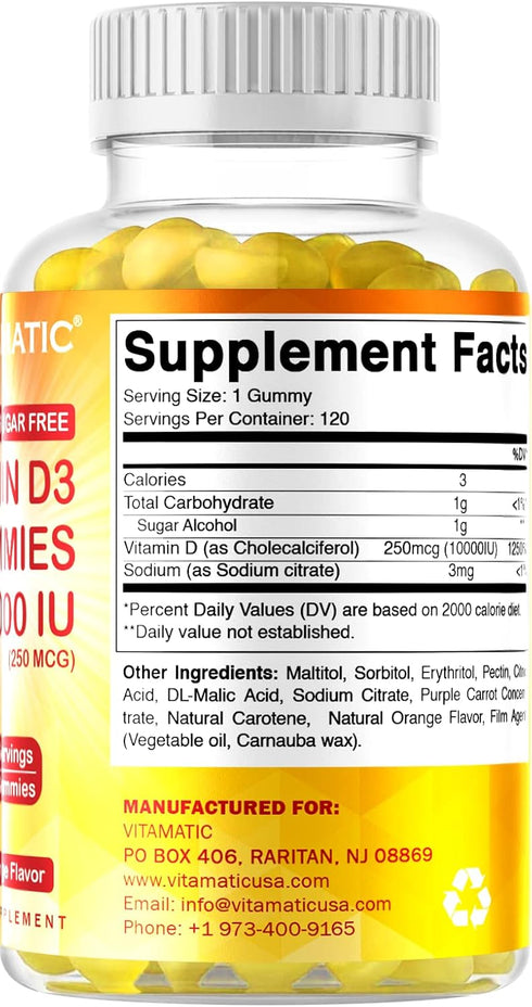 Vitamatic Sugar Free Vitamin D3 10000 IU - 120 Pectin Based Gummies - Great Taste - Healthy Bones, Mood & Immune System Function - Non-GMO - 120 S...
