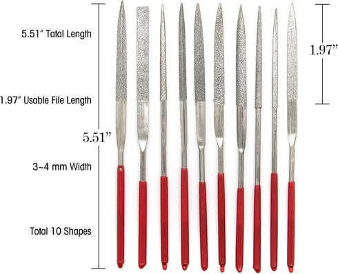 AUEAR, Set of 10 Pack Mini Diamond Needle File Set Barrette Crossing Knife Equaling Warding Square Three Square Round Tapered Round Half Round for...