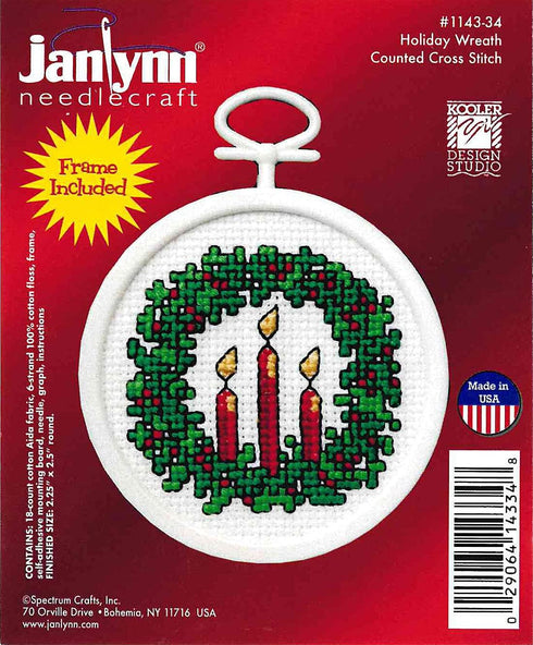 Janlynn 18 Count Round Mini Counted Cross Stitch Kit, 2.5-Inch, Holiday Wreath...