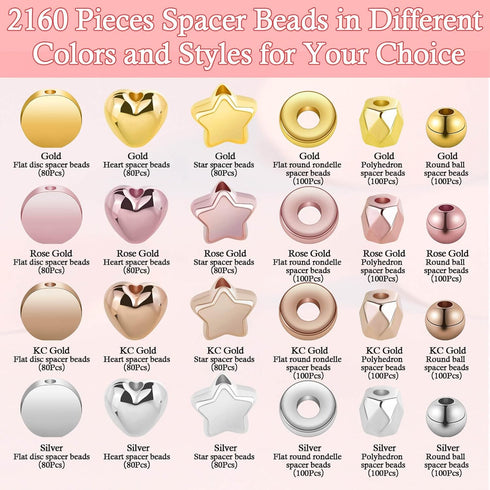 2160 Pieces Gold Spacer Beads Set, Assorted Round Star Gold Beads for Bracelet Jewelry Making(Gold, Sliver, Rose Gold, KC Gold)...