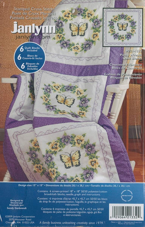 Janlynn Stamped Cross Stitch Quilt Blocks 18"X18" 6/Pkg-Pansy Wreath, Multicolor...