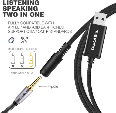 DUKABEL USB to 3.5mm Jack Audio Adapter, USB to Aux Cable with TRRS 4-Pole Mic-Supported USB to Headphone AUX Adapter Built-in Chip External Sound...