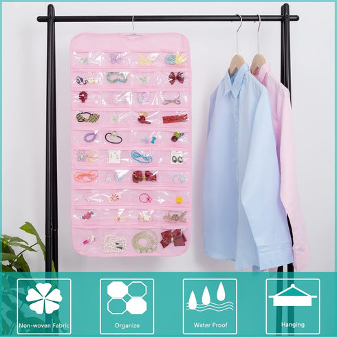 1-Pack Hanging Jewelry Organizer 80-Pocket Dual-sided Jewelry Storage for Jewelry Earring Necklace Bracelet Ring Storage Travel Holder, Pink...