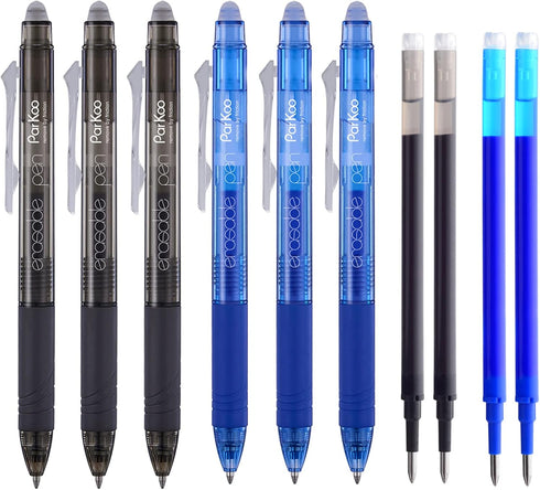 ParKoo Retractable Erasable Gel Pens Clicker Fine Point 0.7 mm, Make Mistakes Disappear, 3 Black/3 Blue Ink Pens with 4 Bonus Refills for Drawing ...