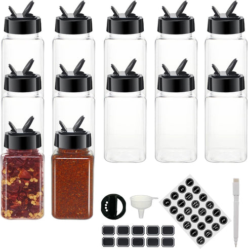 12 Pack 4oz Clear Plastic Spice Jars With Black Plastic Lids, Square Spice Bottles, Seasoning Containers with Chalk Labels, Pen, Funnel, Spice Con...