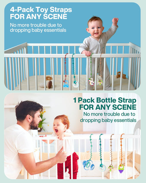 Toy Straps for Baby, 5pcs Adjustable Toy Holder for Stroller Accessories, Silicone Baby Tether Pacifier Clip, No Throw Baby Travel Essential Leash...