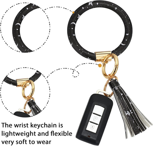 4 Pieces Black Moons White Stars Print Car Accessories Set Black Moons White Stars Steering Wheel Cover with 2 Pieces Car Cup Holder and Leather K...