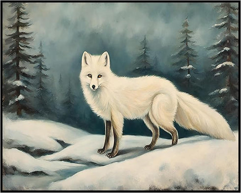 Posterizer 1 pcs-white arctic fox in snowy winter scene-oil painting style 5-Art for Animal Lovers-Landscape & Nature Art-Decor for Home & Office-...