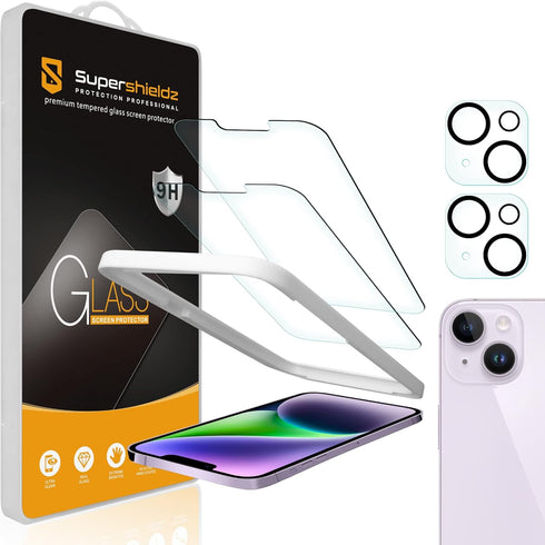 Supershieldz (2 Pack) Designed for iPhone 14 (6.1 inch) + Camera Lens Tempered Glass Screen Protector with (Easy Installation Tray), Anti Scratch,...