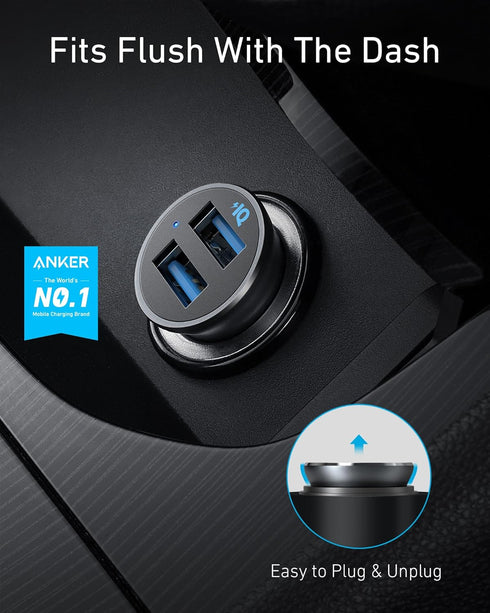 Anker 320 Car Charger (24W II), Mini Aluminum Alloy Dual USB with Blue LED for iPhone15 14 13 12 Series, iPad Pro/Air 2/Mini, Galaxy and More - No...