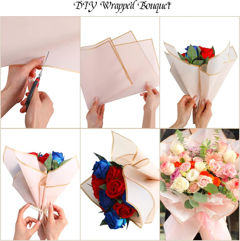 CCINEE 20 Sheets Gold Edge Flower Wrapping Paper,Waterproof Fresh Flower Packing Material Florist Bouquet Supplies DIY Craft Gift Packing,Pink...