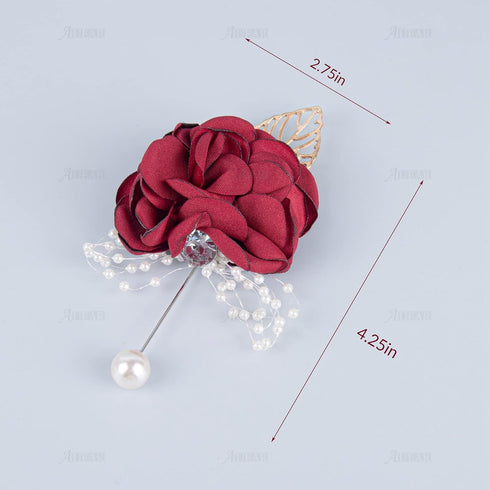 AUEAR, 4 Pack Wine Red Rose Groom Flowers Boutonniere Pearl Groomsmen Brooch for Party Decoration Party Decoration...