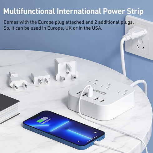 European Plug Adapter, Unidapt US to UK Europe Power Strip for EU/UK/US with USB C and 4 USB Ports, 3 AC Outlets, Wall Mountable, 5ft Extension Co...