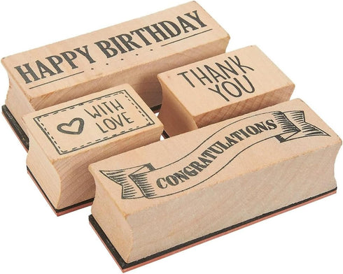 Juvale 4-Piece Rubber Stamps for Card Making - Brown Wood Blocks 3 x 1 in & 1.5 x 1 in - Includes Happy Birthday, Thank You, Congratulations & wit...