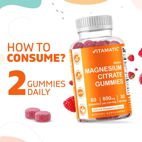 Vitamatic Magnesium Citrate Gummies 600mg per Serving - 60 Vegan Gummies - Promotes Healthy Relaxation, Muscle, Bone, & Energy Support (60 Gummies...
