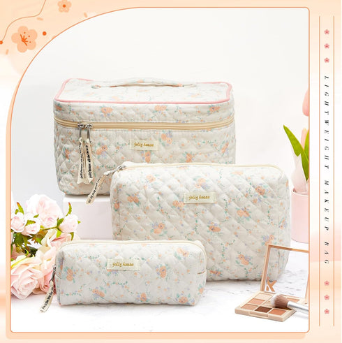 3 Pcs Quilted Makeup Bag Large Cosmetic Bag Floral Makeup Bag Travel Aesthetic Cute Kawaii Toiletry Cosmetic Pouch with Zipper for Women Gifts Hom...