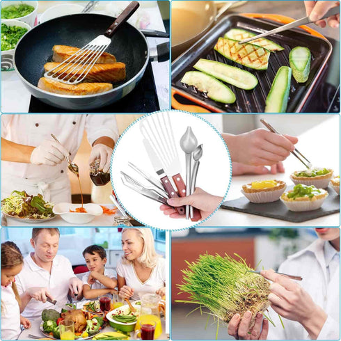 Cridoz 7 Pcs Stainless Steel Kitchen Cooking Plating Tweezers Tongs Drawing Spoons Offset Spatula and Fish Spatula for Food Culinary Plating Decor...