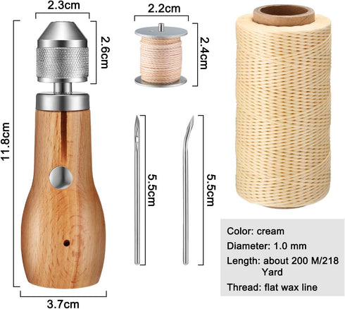5 Pieces Sewing Awl Kit, Leather Sewing Stitching Leather Craft Awl with Needles (Straight and Bent), Coil and 200 Meters Waxed Threads for DIY Le...