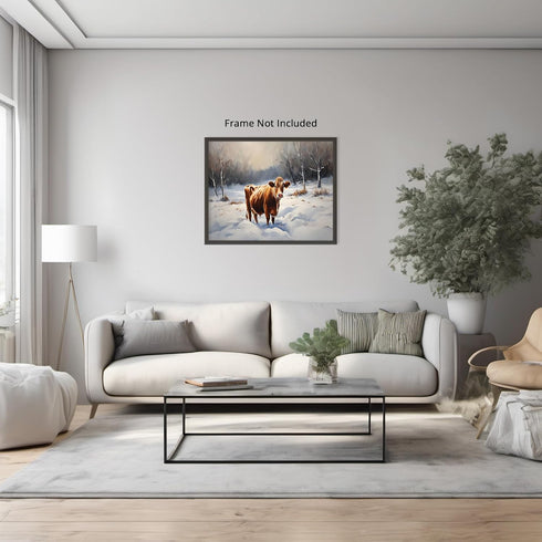 Posterizer 1 pcs-cute cow in snowy winter scene-oil painting style-3-Art for Animal Lovers-Landscape & Nature Art-Decor for Home & Office- unframe...