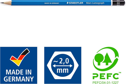 Staedtler Mars Lumograph 6H Graphite Art Drawing Pencil, Medium Hard, Break-Resistant Bonded Lead, 12 Pack, 100-6H, blue (100-6H VE)...