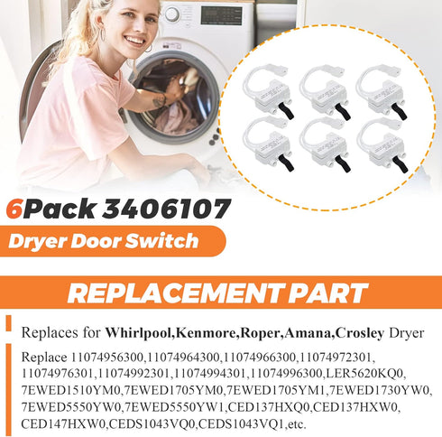 3406107 Dryer Door Switch by Beaquicy - Replacement for Whirlpool, Ken-more, Roper, Amana, Crosley Dryer (6-Pack)