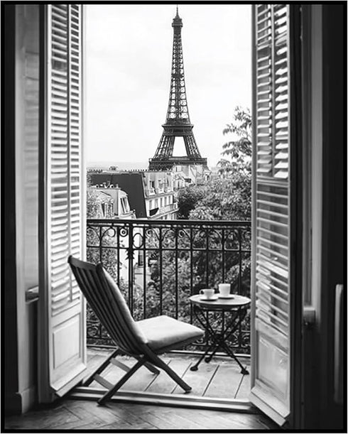 Posterizer 1 pcs-black-and-white photograph balcony near Eiffel Tower-Adventure Wall Art-Photography Art-Decor for Home & Office- unframed wall ar...