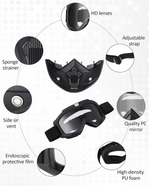 Frienda 2 Pieces Motorcycle Goggles Helmet Riding Goggles Glasses With Face Cover(Gray, Transparent)...